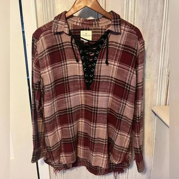 American Eagle Outfitters Tops - AMERICAN EAGLE plaid burgandy oversized lace up top distressed|M whimsigoth